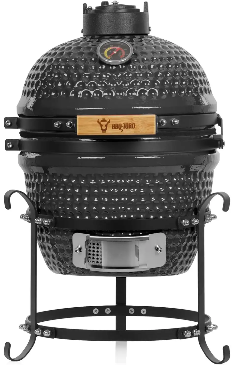 Barbacoa de cerámica Kamado "Haiiro" BBQ-Toro con comida cocinándose en una barbacoa japonesa.