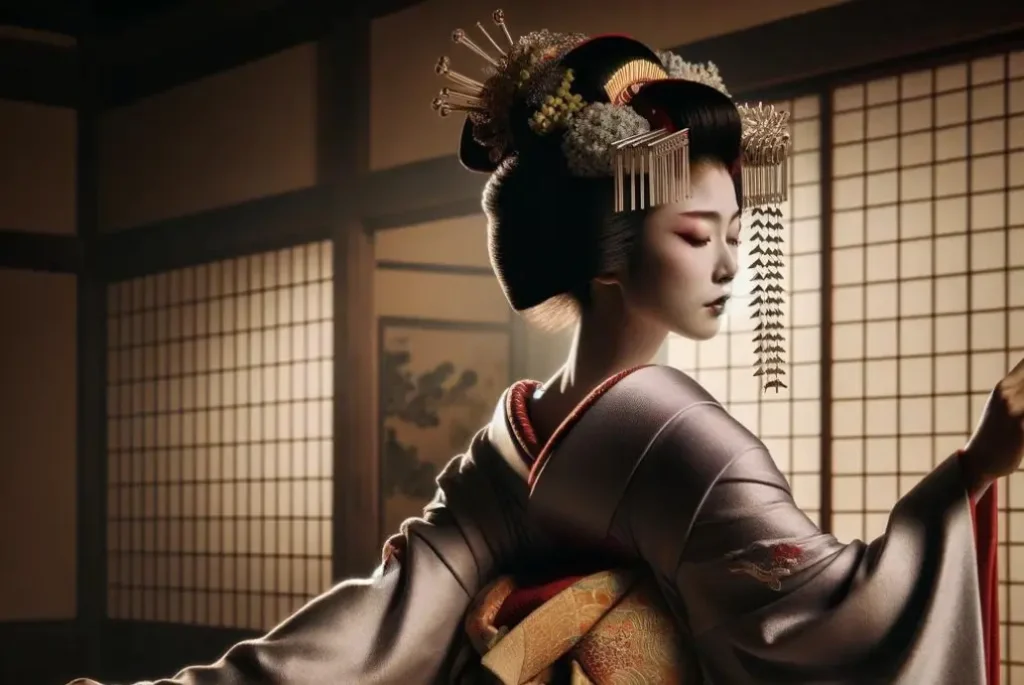 Ilustración de una geisha posando de espaldas con kimono y obi en el estilo del periodo Edo