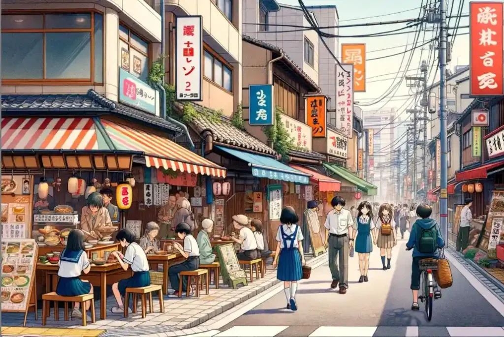Calle comercial de un barrio japonés en los años 90 representada en estilo anime