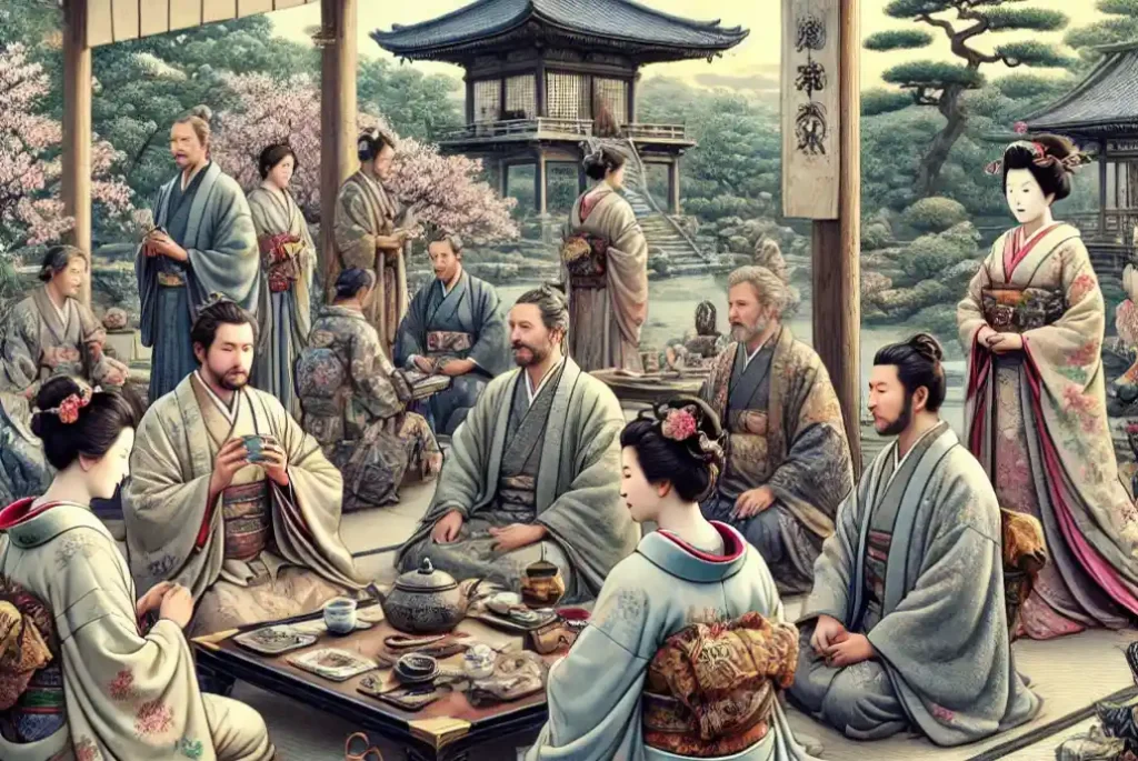 Pintura que recrea una escena de la corte aristocrática del periodo Heian en Japón