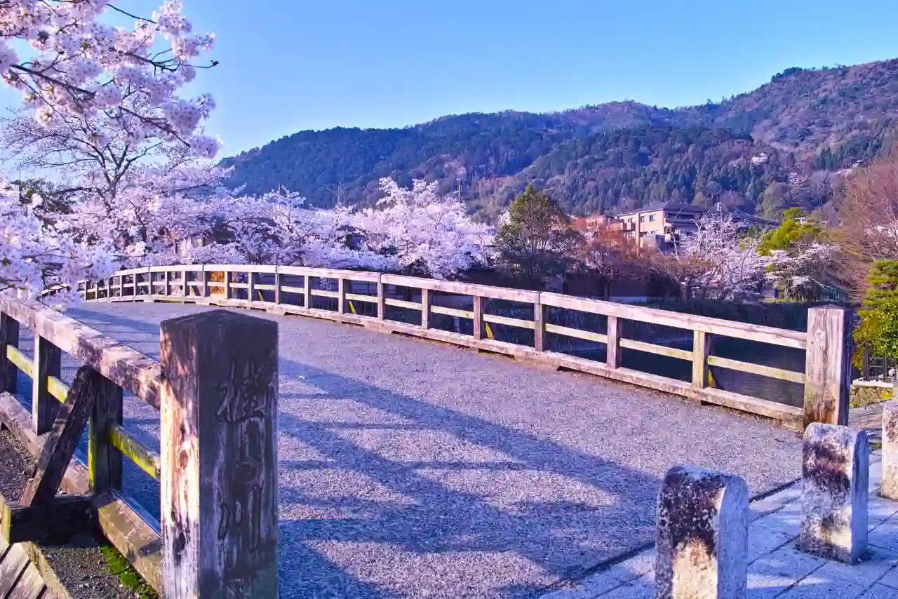 Caminando en primavera por el puente de Nakanoshima en la ciudad de Kyoto