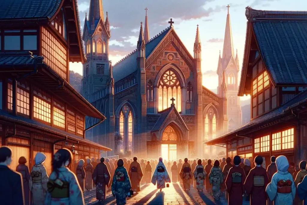 Recreación de japoneses acudiendo a una iglesia católica en Japón