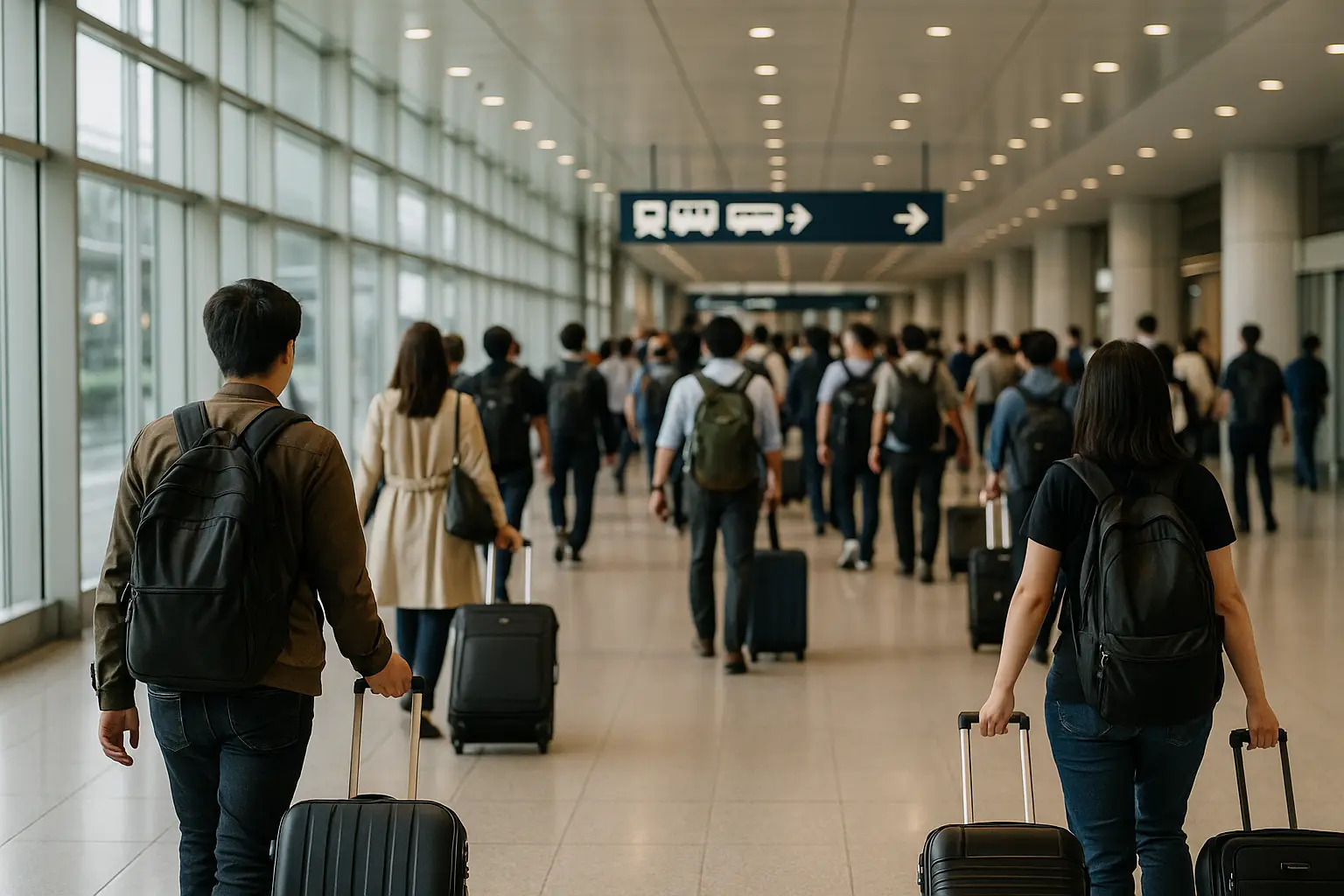 Vestíbulo de llegadas de un aeropuerto japonés con viajeros caminando con maletas hacia el área de transporte