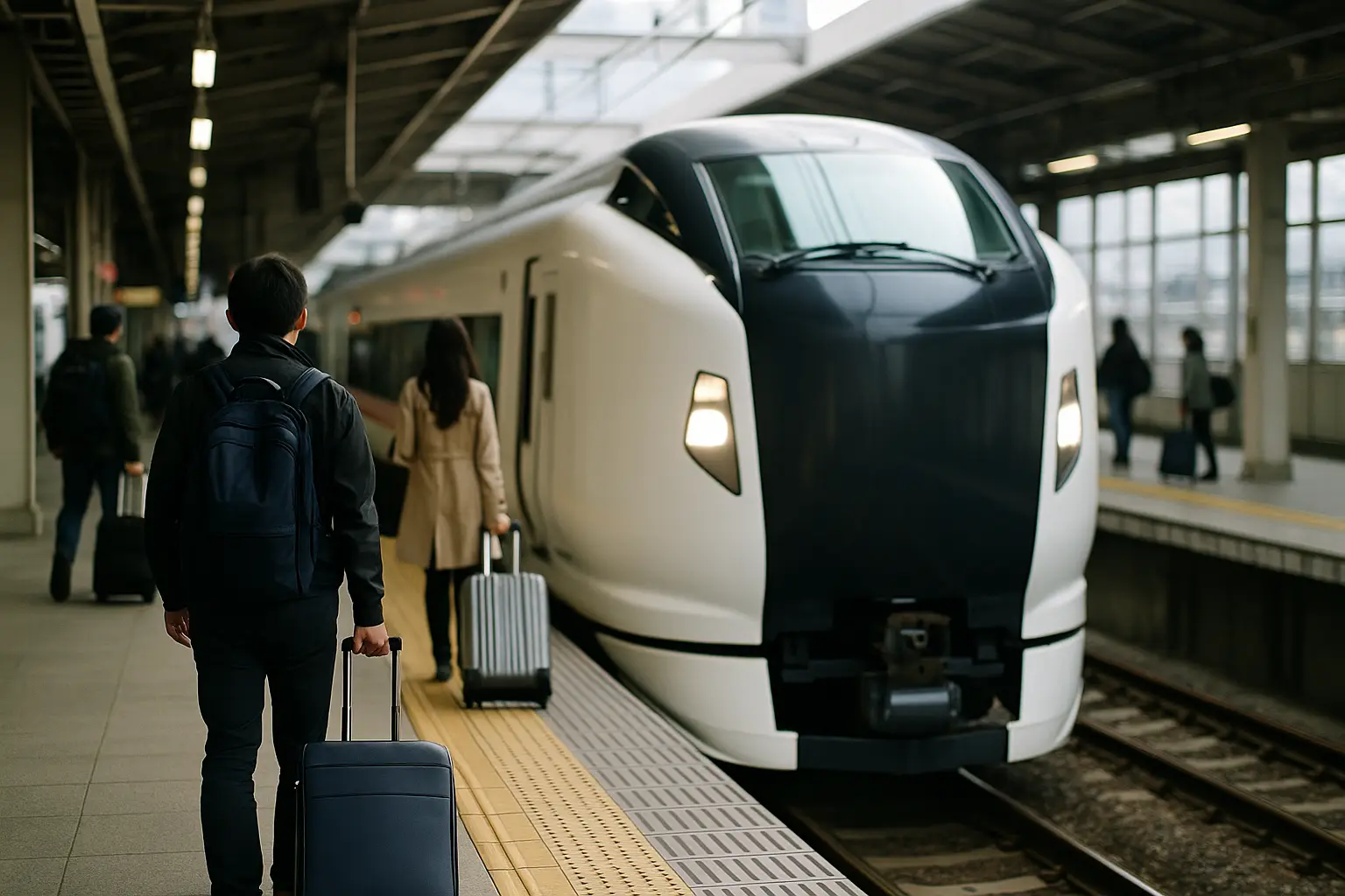 Tren expreso de aeropuerto llegando al andén mientras pasajeros con maletas esperan para abordar rumbo al centro de Tokio