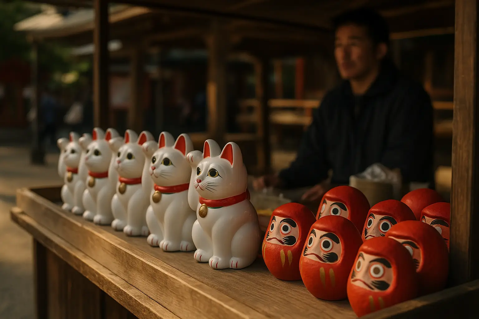 Hilera de gatos maneki-neko y muñecos daruma de colores en un puesto de un santuario japonés