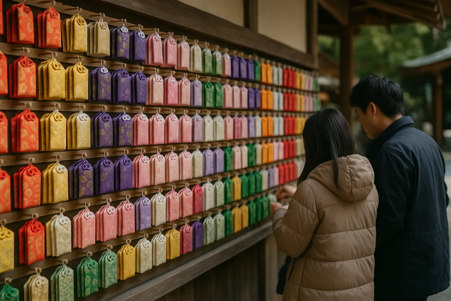 Pared de omamori, amuletos de tela de colores, colgados en un santuario japonés