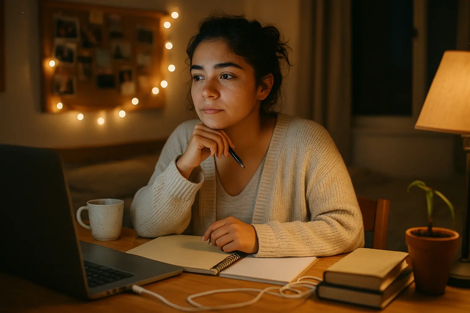 Joven estudiante preparando de noche su solicitud de beca frente a la laptop en su cuarto