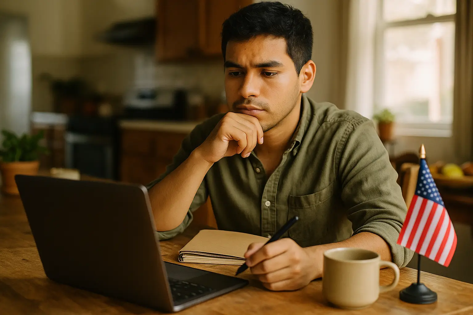Joven pensando frente a su laptop en casa, con una banderita de Estados Unidos sobre la mesa