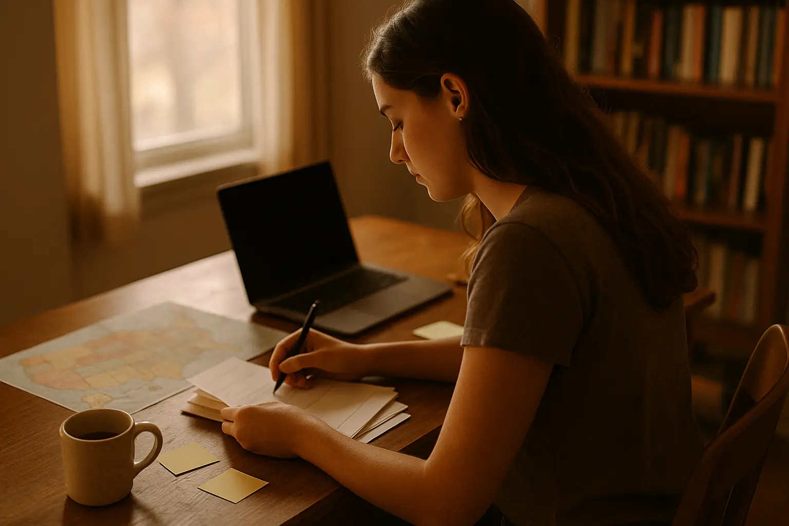 Estudiante revisa documentos de beca frente a un mapa de Estados Unidos sobre la mesa
