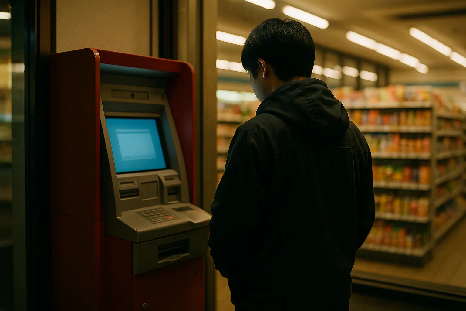 Persona sacando dinero en el cajero de una tienda de conveniencia en Japón