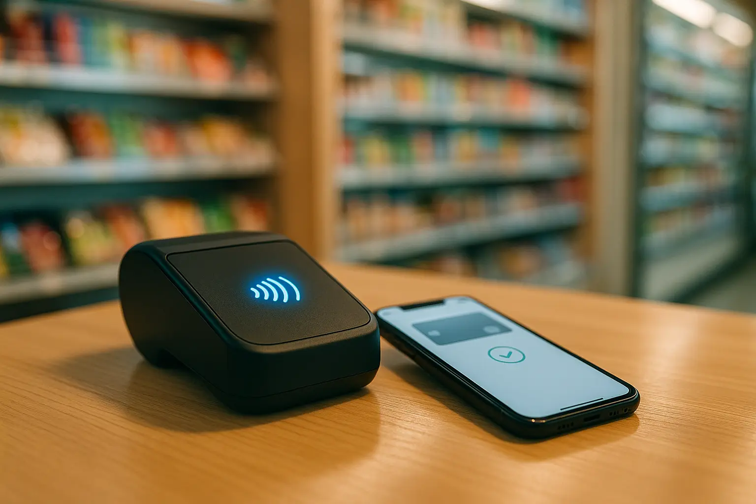 Pago sin contacto en una tienda de conveniencia en Japón: terminal y smartphone sobre el mostrador