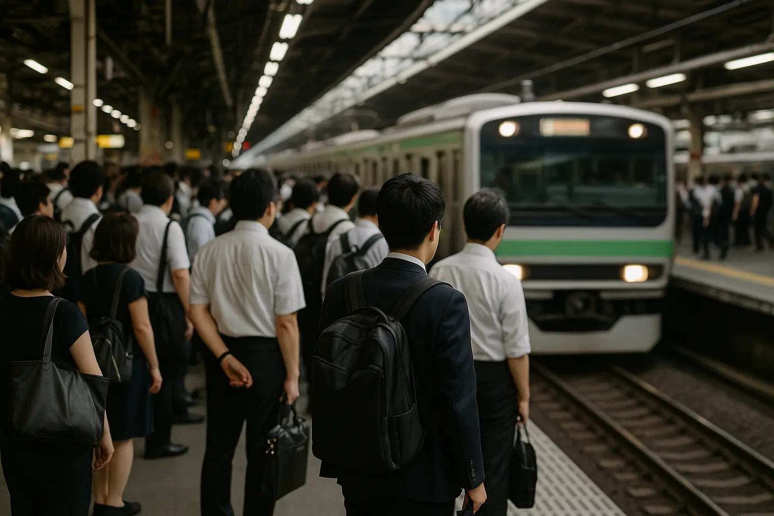 Andén de tren en Japón en hora punta lleno de pasajeros esperando el vagón durante el trayecto al trabajo