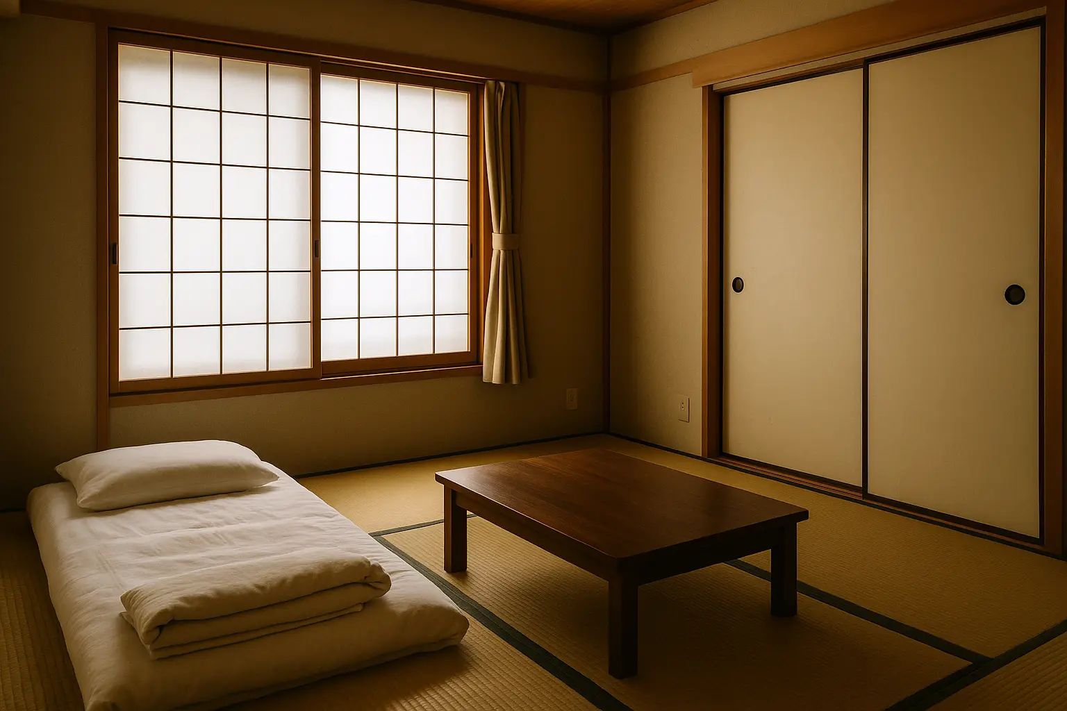 Interior de un piso japonés pequeño y ordenado con suelo de tatami, futón doblado y luz natural entrando por la ventana