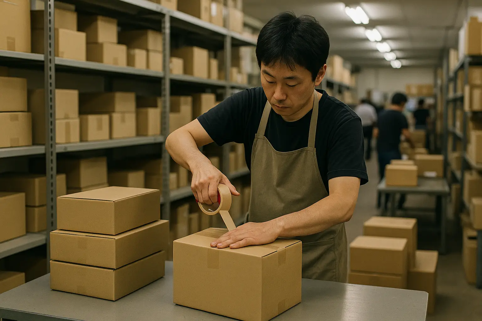 Operario consolidando cajas de cartón en un almacén de reenvío en Japón