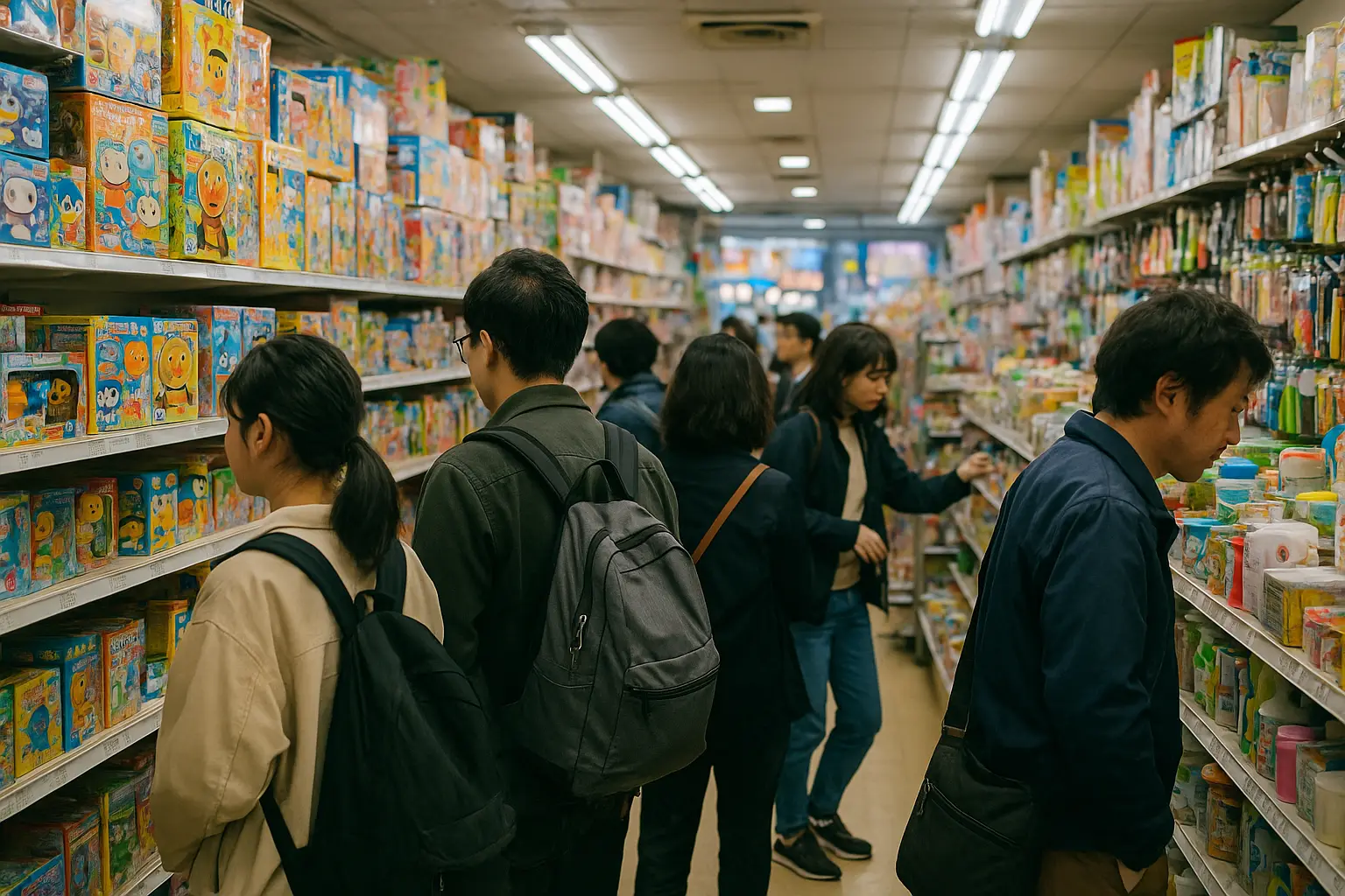 Personas comprando en una tienda japonesa de productos variados en Tokio