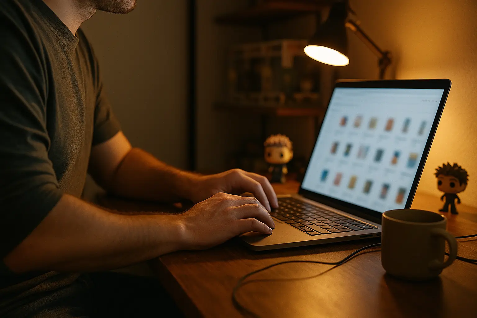 Persona en su escritorio navegando por una tienda japonesa en línea desde una laptop, con una figura de coleccionista al lado