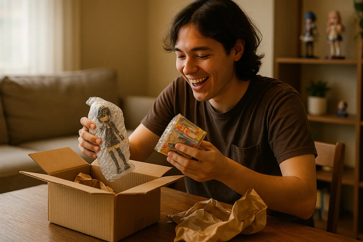 Persona en su casa abriendo una caja de cartón con figuras y productos japoneses recién llegados desde Japón