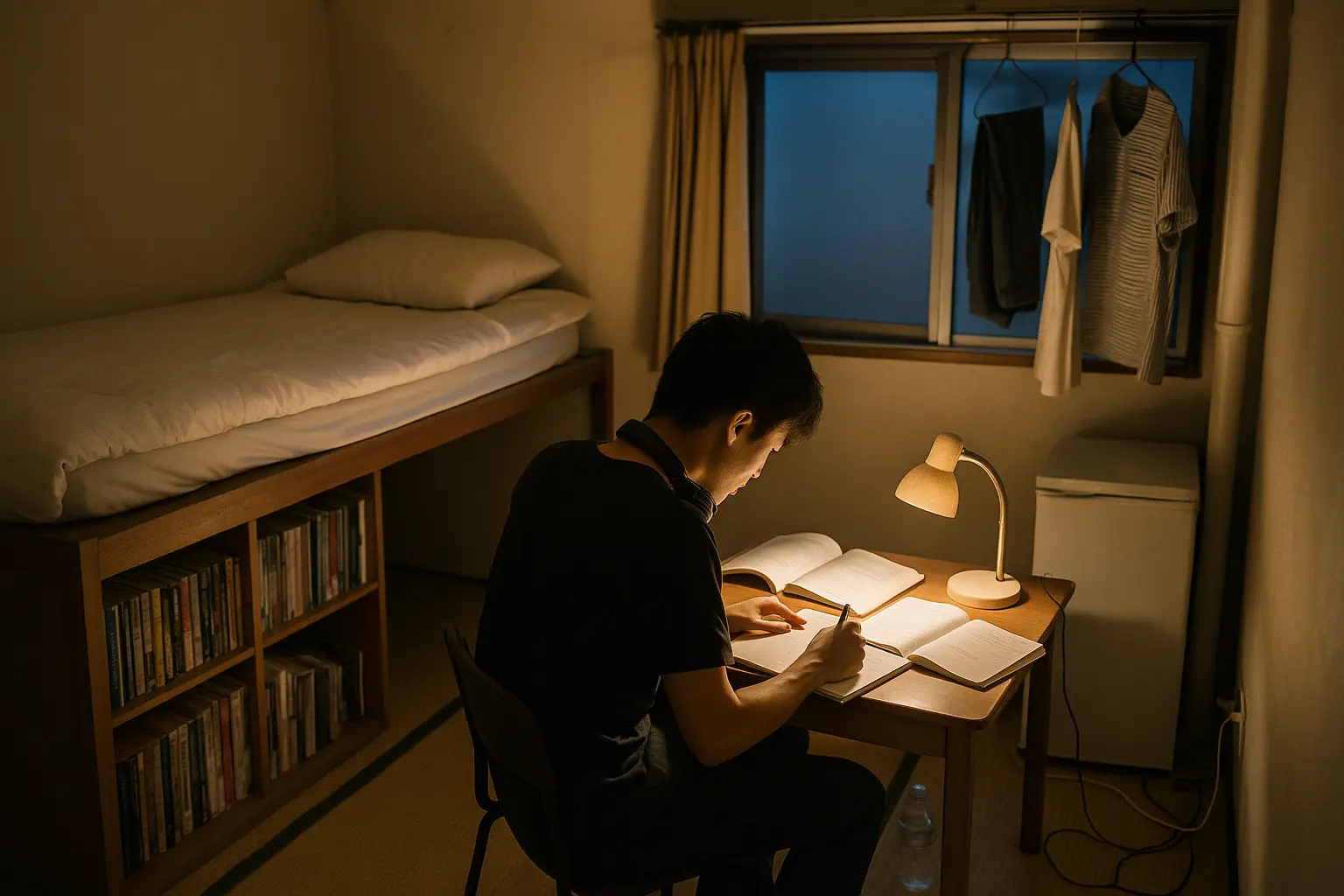 Estudiante estudiando en un cuarto pequeño de residencia en Japón con escritorio, estantería y futón