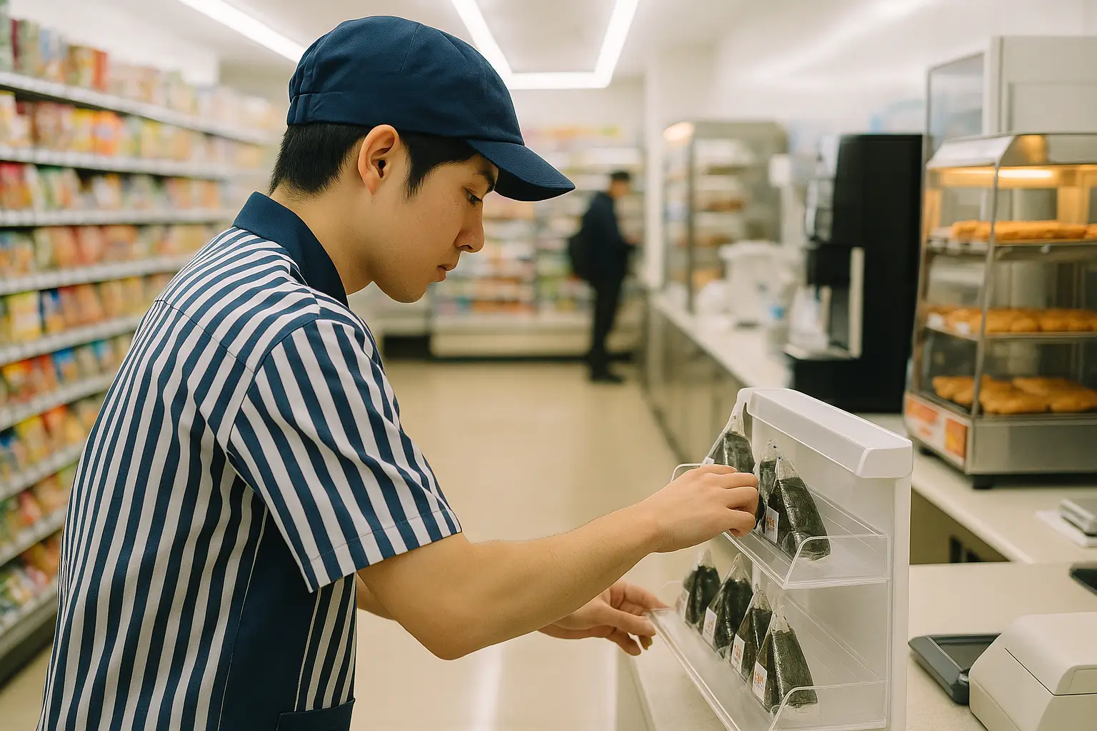 Estudiante trabajando de medio tiempo detrás del mostrador de una tienda de conveniencia en Japón