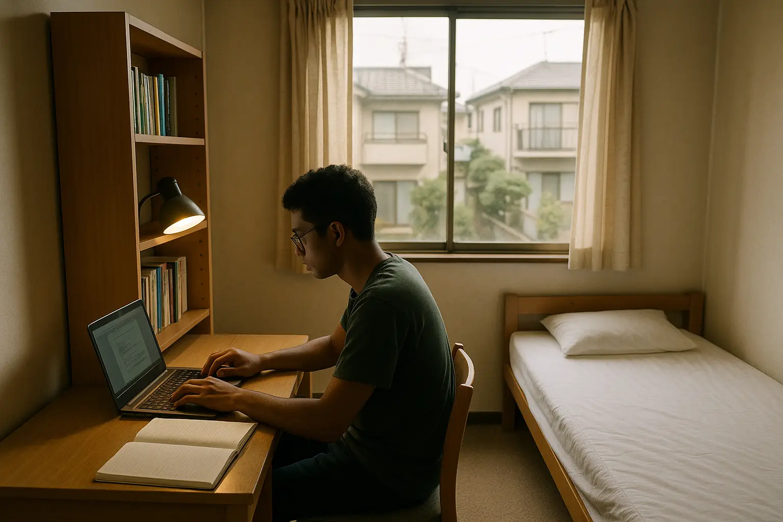 Estudiante internacional estudiando en un cuarto pequeño de residencia en Japón