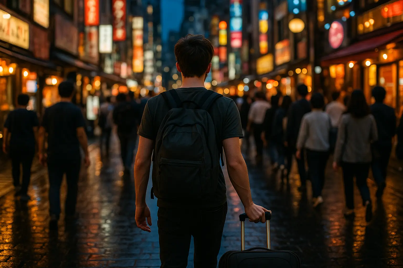 Viajera con maleta caminando por una concurrida calle de Tokio al anochecer