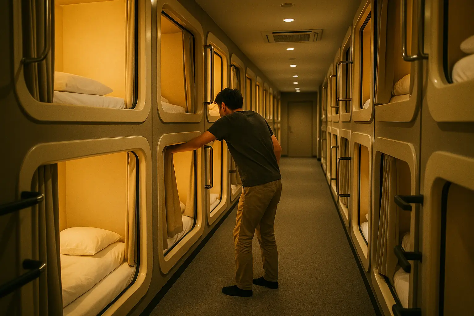 Interior de un hotel cápsula en Japón con literas-cápsula iluminadas