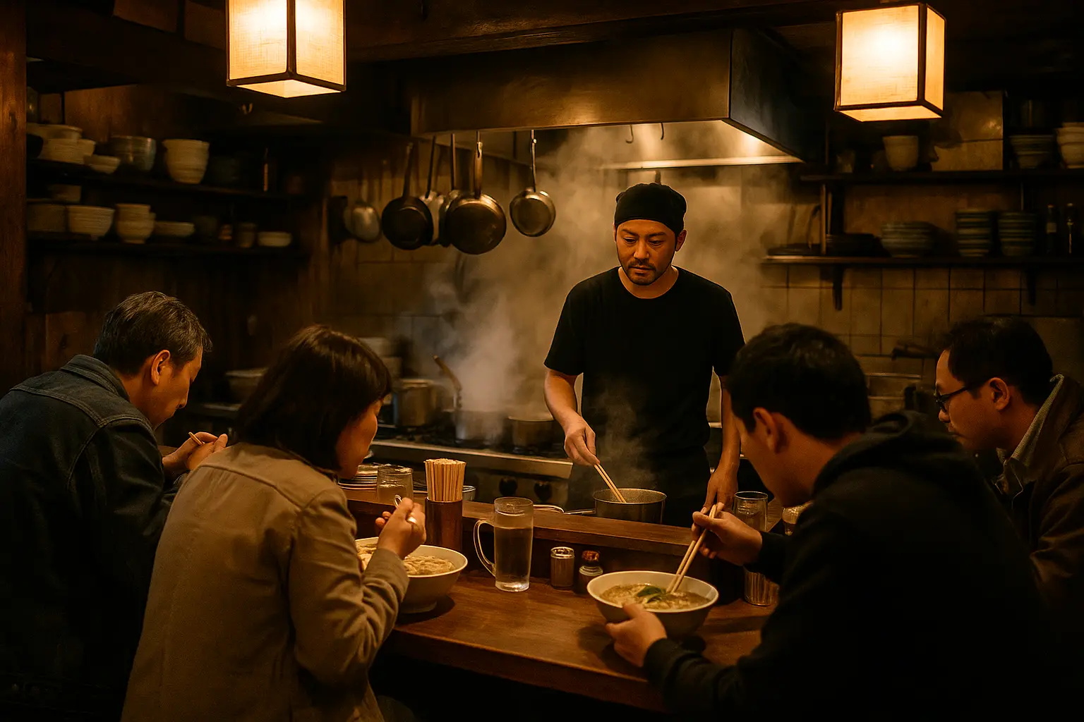 Comensales en la barra de un pequeño restaurante de ramen en Japón