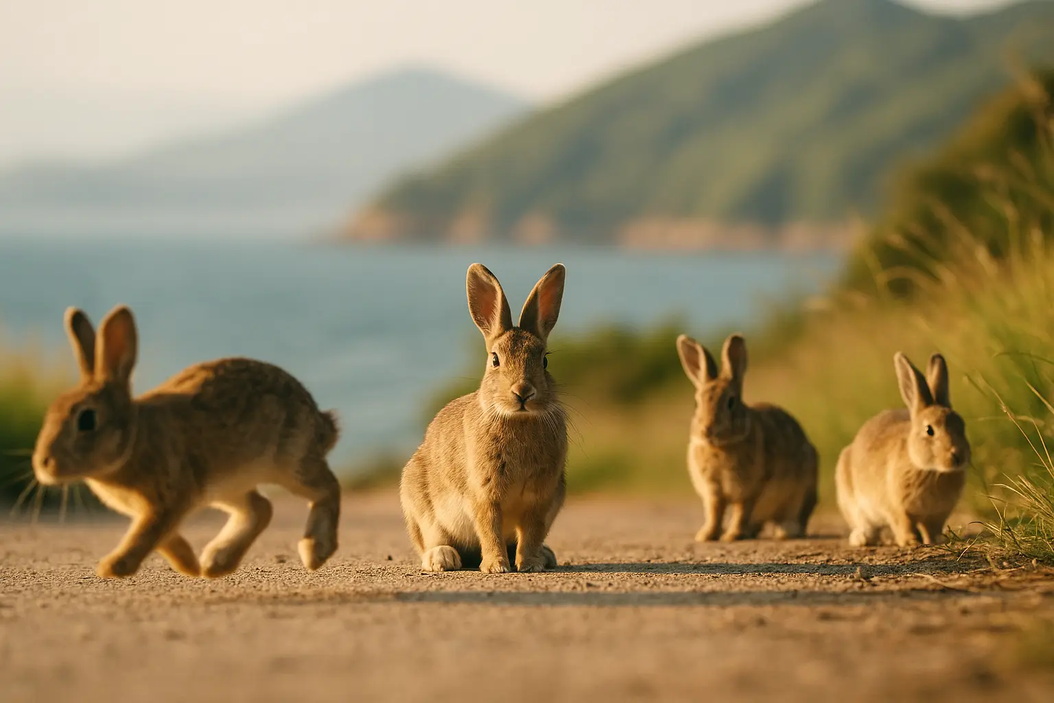 Conejos salvajes en un sendero de la isla de Okunoshima con el mar Interior de Seto al fondo