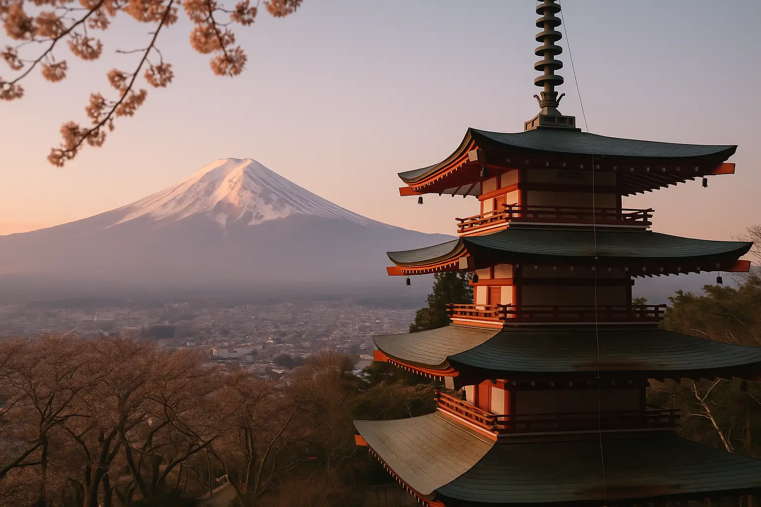 Pagoda japonesa de cinco pisos con el monte Fuji nevado al fondo al amanecer, una de las estampas más reconocibles de Japón