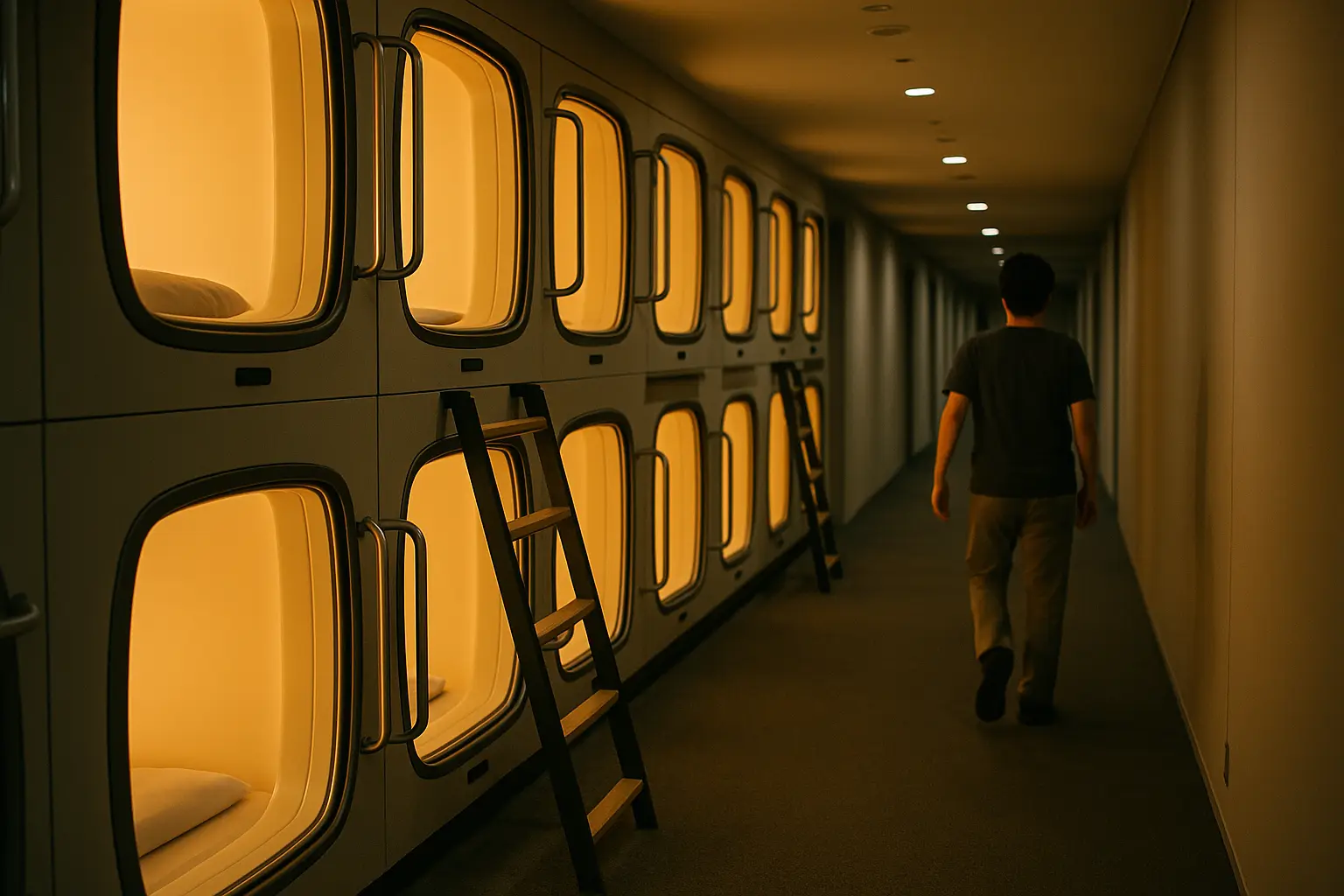 Pasillo de un hotel cápsula en Japón con las cápsulas iluminadas y un huésped de espaldas