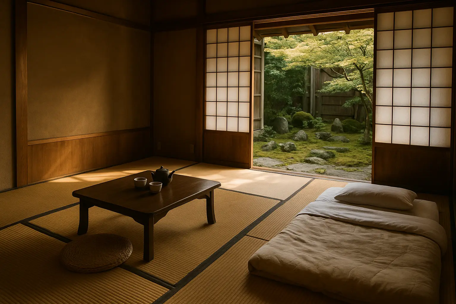 Habitación tradicional de ryokan japonés con tatami, mesa baja y futón, con vista a un jardín