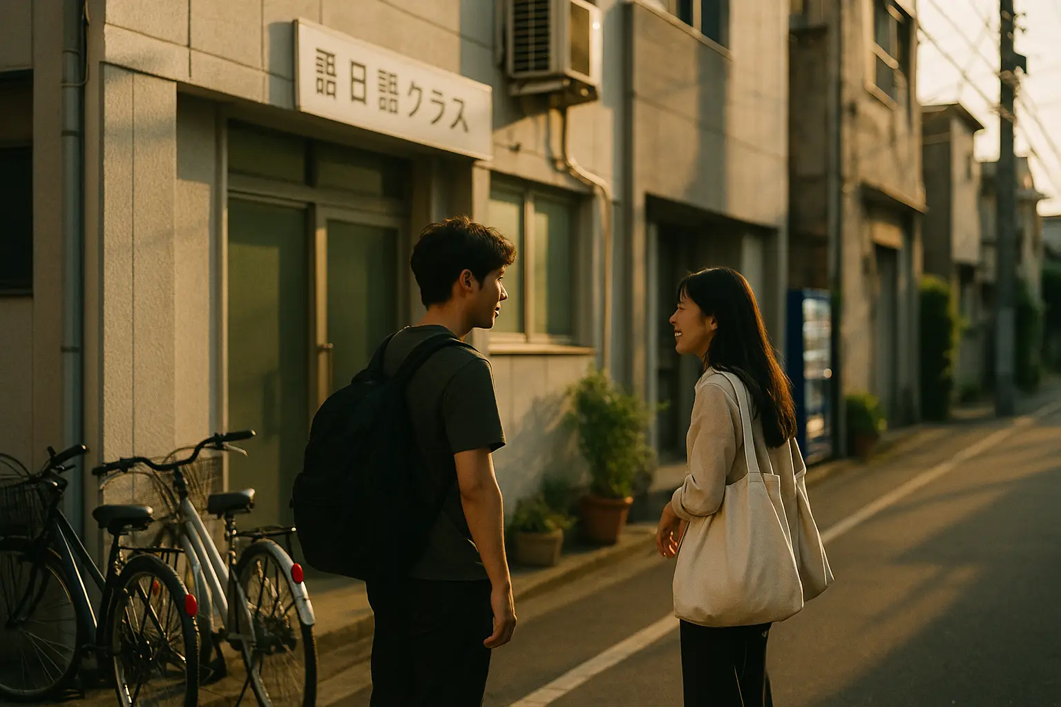 Dos estudiantes conversan a la salida de una escuela de idiomas en una calle tranquila de Tokio