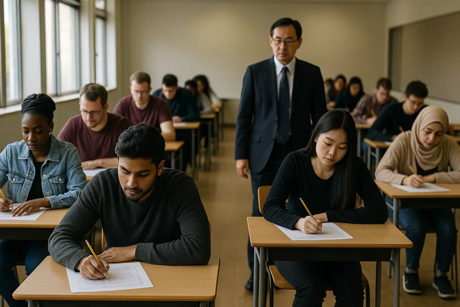 Realistic documentary photo, Canon EOS 7D Mark II style, of a Japanese university examination hall during an a