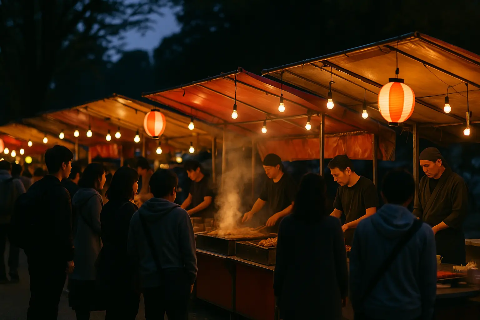 Puestos de comida (yatai) iluminados en un festival japonés con visitantes paseando entre ellos