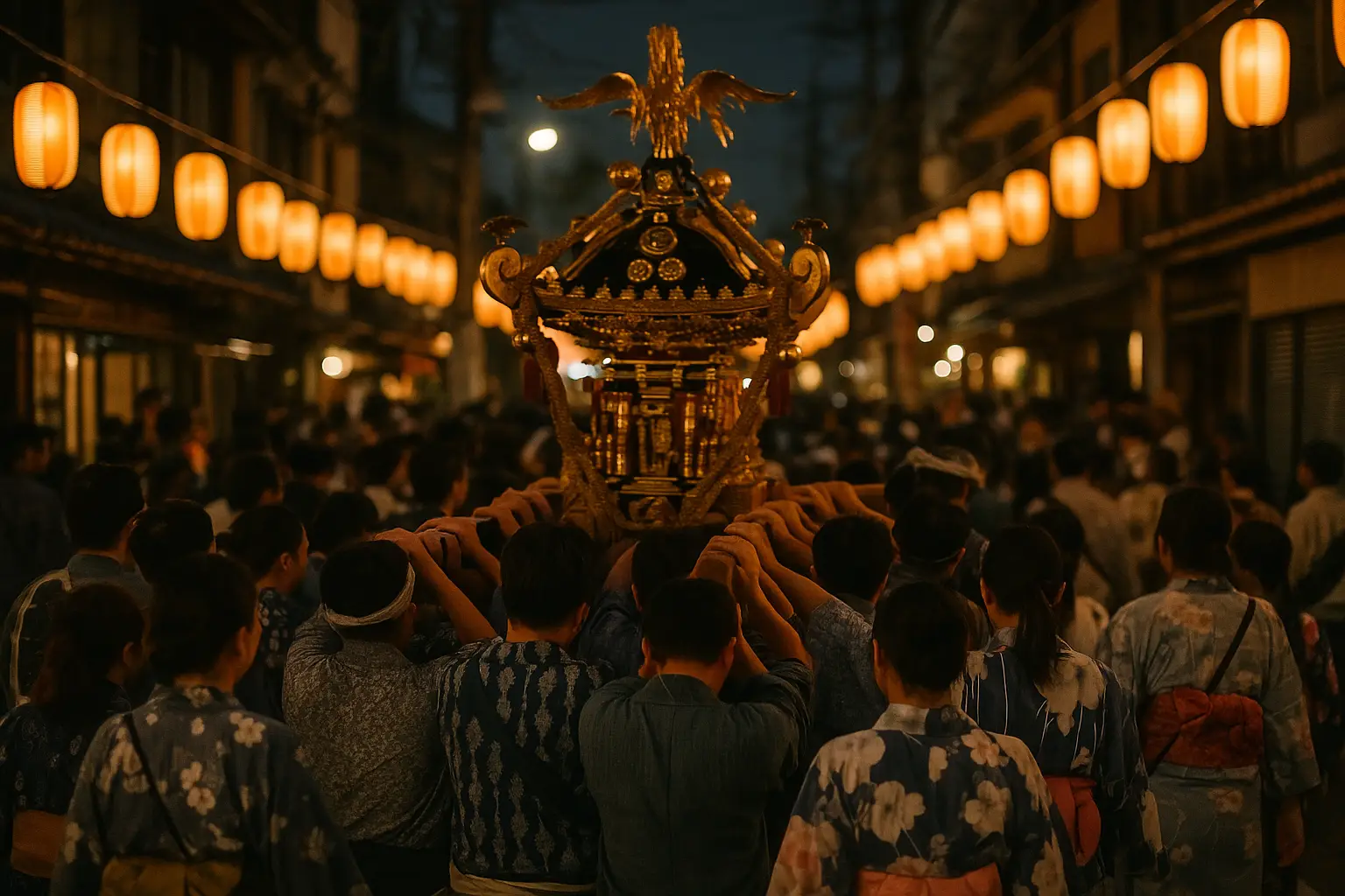 Multitud de noche en un matsuri japonés con farolillos encendidos y un mikoshi cargado por los participantes