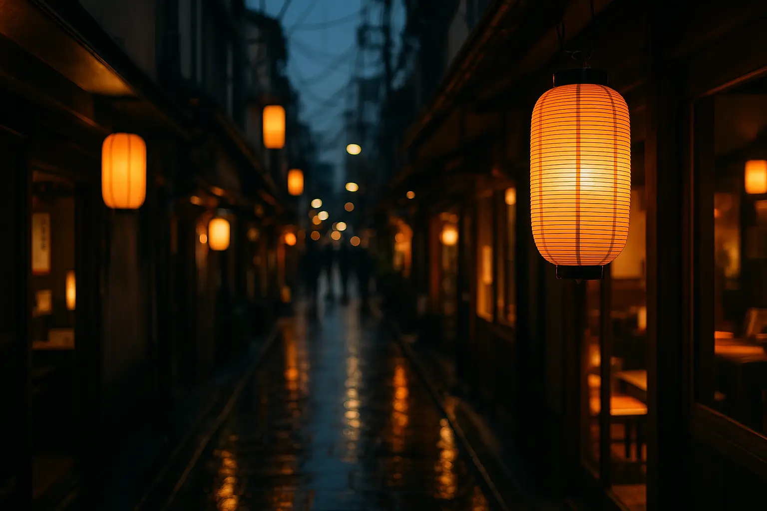 Calle comercial japonesa al atardecer con faroles