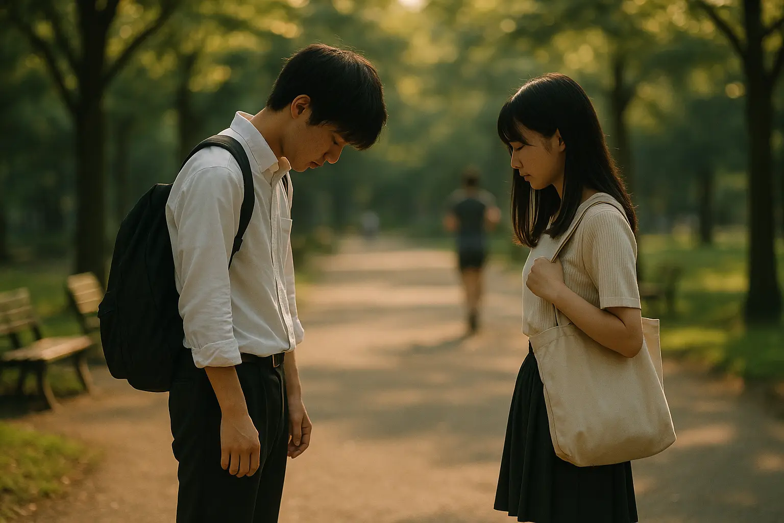 Dos jóvenes japoneses frente a frente en un parque de Tokio durante una confesión romántica o kokuhaku