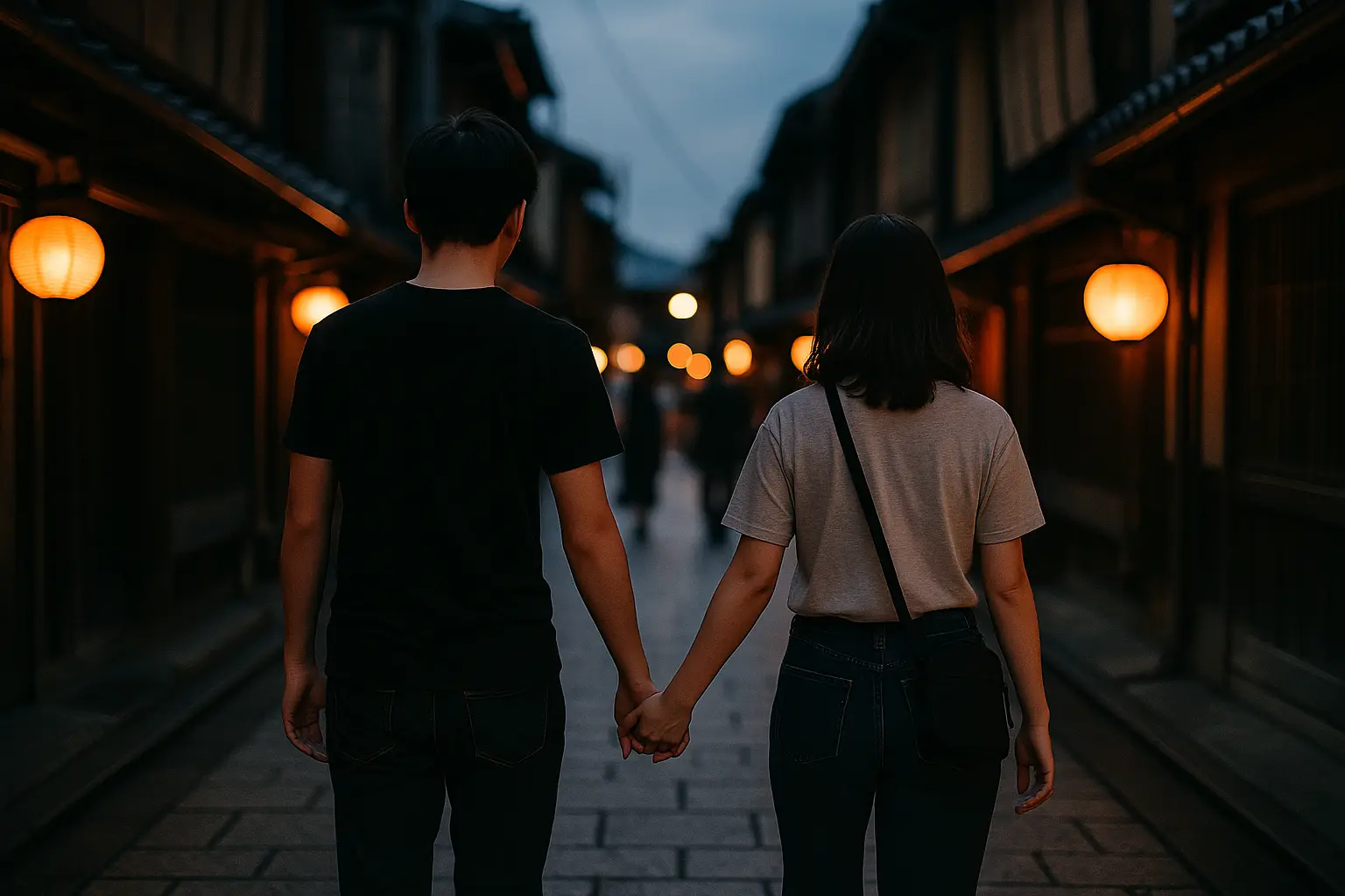 Pareja joven tomada de la mano caminando al atardecer por una calle tradicional de Kioto iluminada por faroles