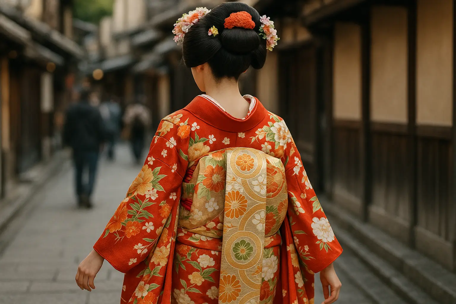 Detalle de la espalda de una maiko con kimono de mangas largas y vistosas, obi colgante y peinado tradicional adornado con horquillas florales