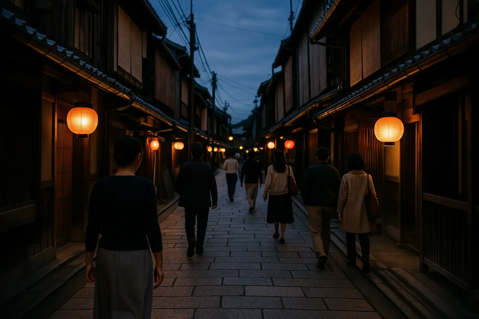 Calle tradicional de Gion en Kioto al atardecer, con casas de madera machiya y faroles encendidos mientras pasean transeúntes