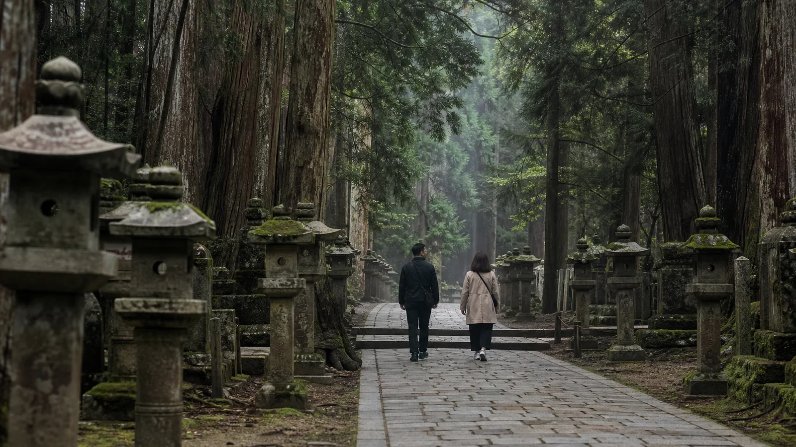 Camino de cedros y faroles de piedra en Koyasan con luz suave de la mañana