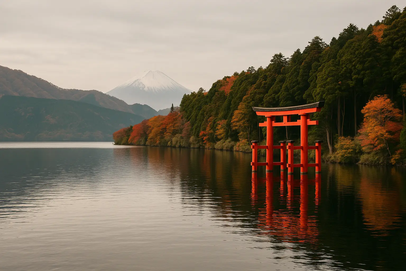 Lago Ashi en Hakone con el monte Fuji y un torii
