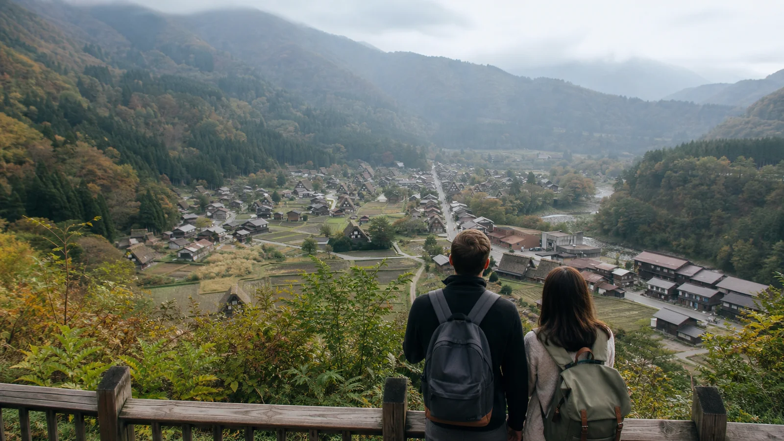 Viajeros contemplando Shirakawago desde un mirador durante una ruta por los Alpes japoneses