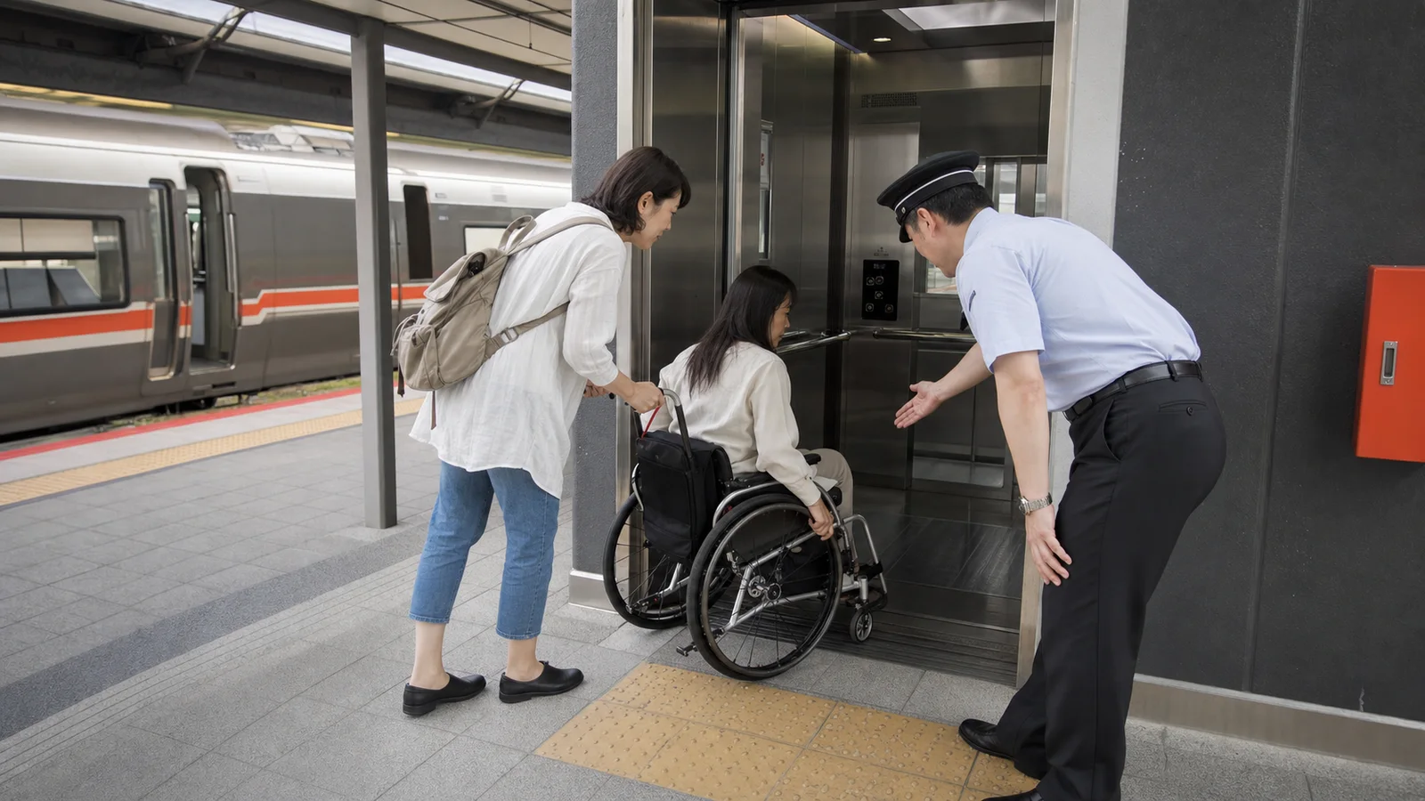 Viajera usando un ascensor accesible en una estación moderna de Tokio