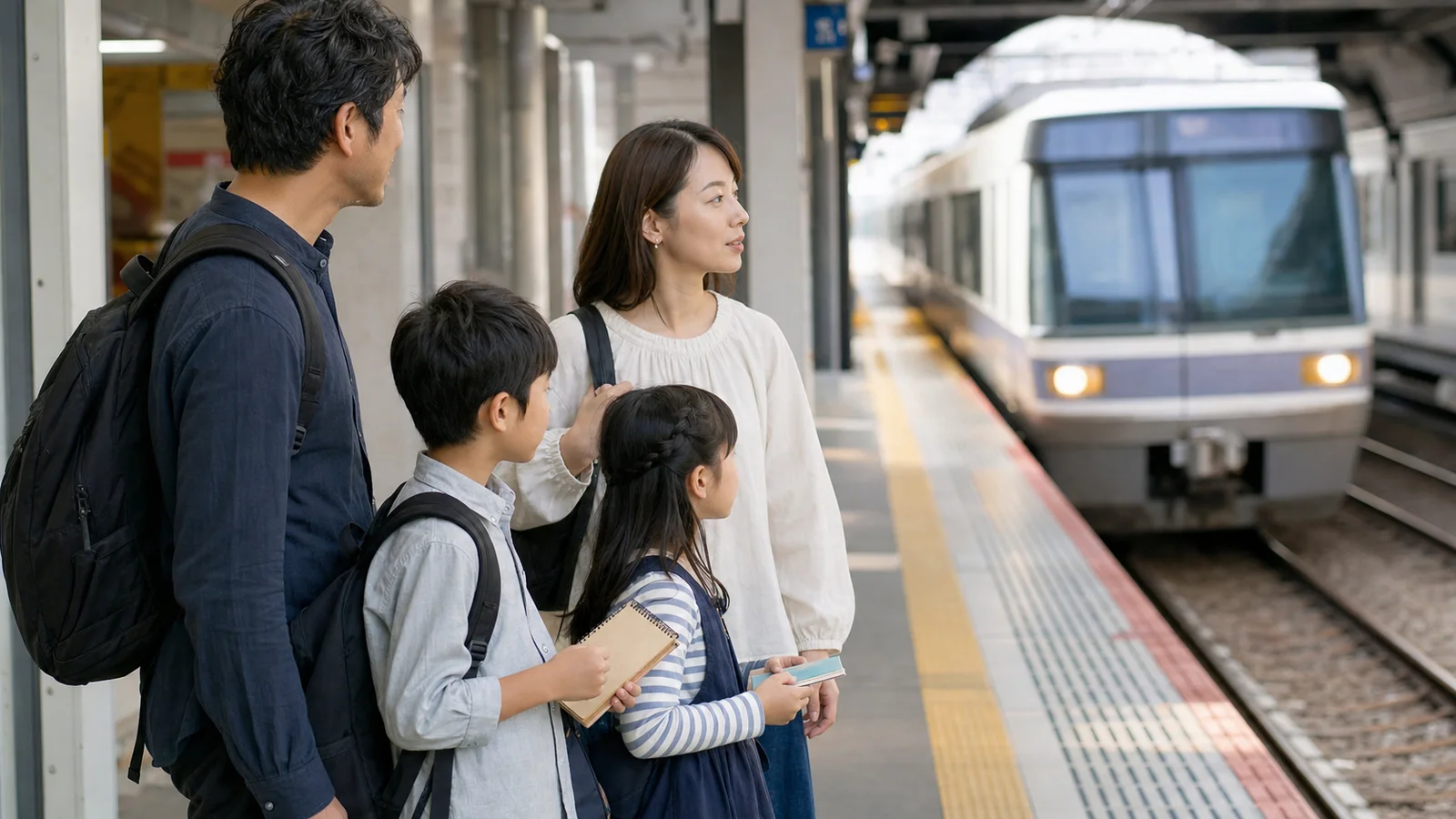Familia con dos niños esperando un tren en una estación japonesa luminosa