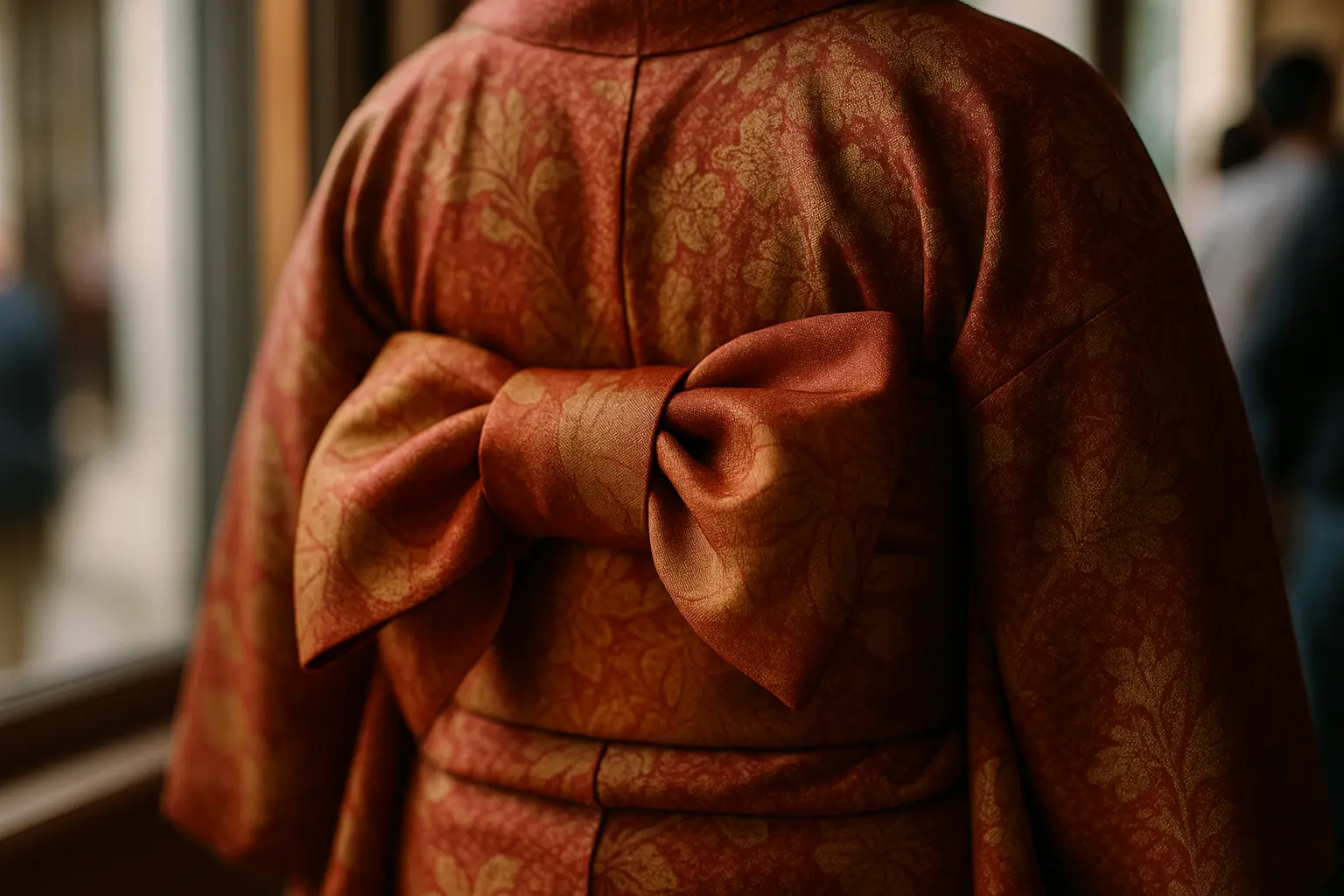 Primer plano de un obi de seda bien anudado a la espalda sobre un kimono tradicional japonés