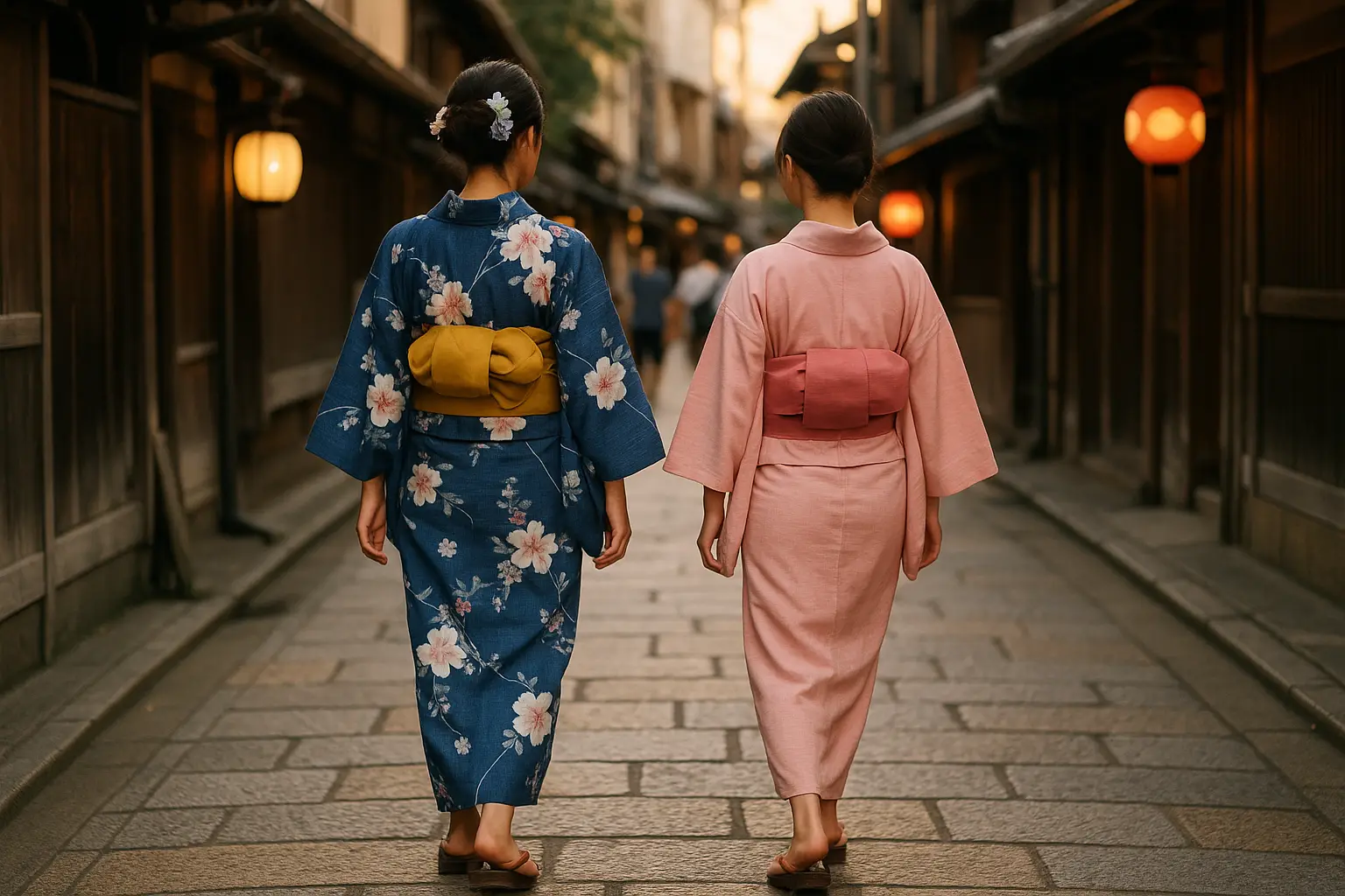 Dos personas paseando de espaldas con yukata de colores por una calle tradicional japonesa en una tarde de verano