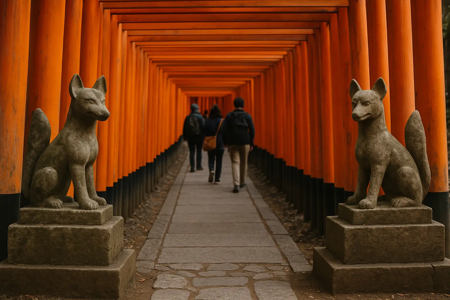 Hilera de toriis rojos con estatuas de zorro kitsune en un santuario Inari de Japón