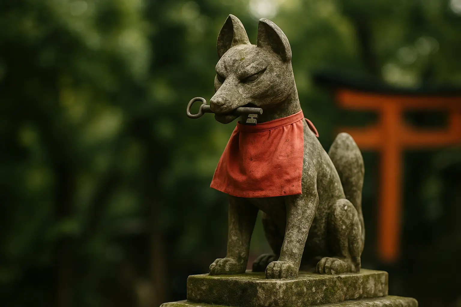 Estatua de piedra de un zorro kitsune guardián con babero rojo en un santuario Inari de Japón