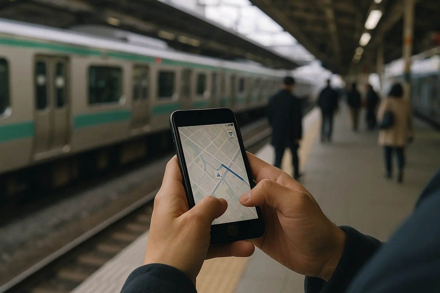 Primer plano de manos sosteniendo un celular con un mapa y la señal de red, en un andén de tren en Japón